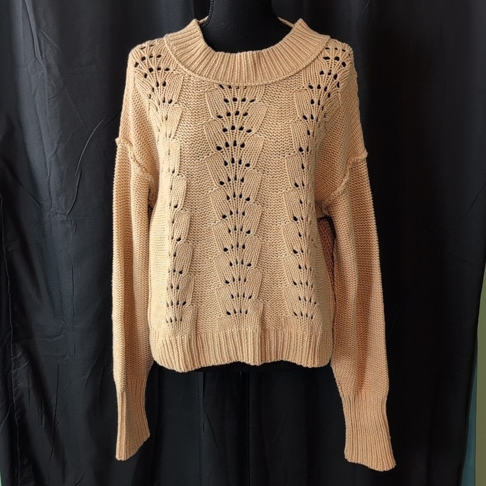 Free People Beige Textured Knit Cropped Pullover Sweater Openwork Detail SZ L